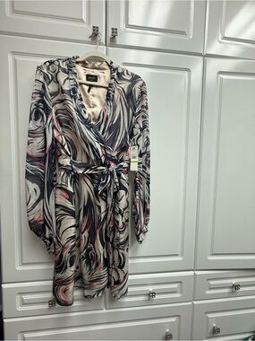 Shelli Segal Navy, Cream & Pink Swirl Wrap Silk Dress